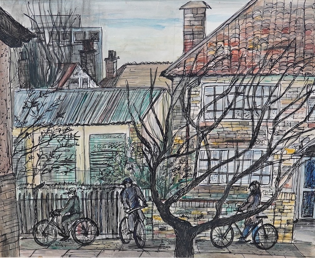 Modern British, ink and watercolour, Street scene with figures on bicycles, 35 x 43cm. Condition - fair